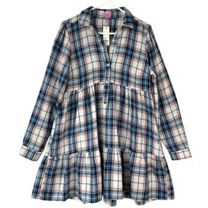 Mi Ami Francesca's Blue Plaid Dress L Button V-Neck Long Sleeve Tiered Babydoll